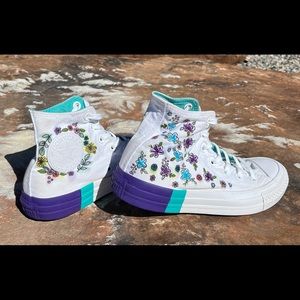 Hand embroidered and drawn converse shoes